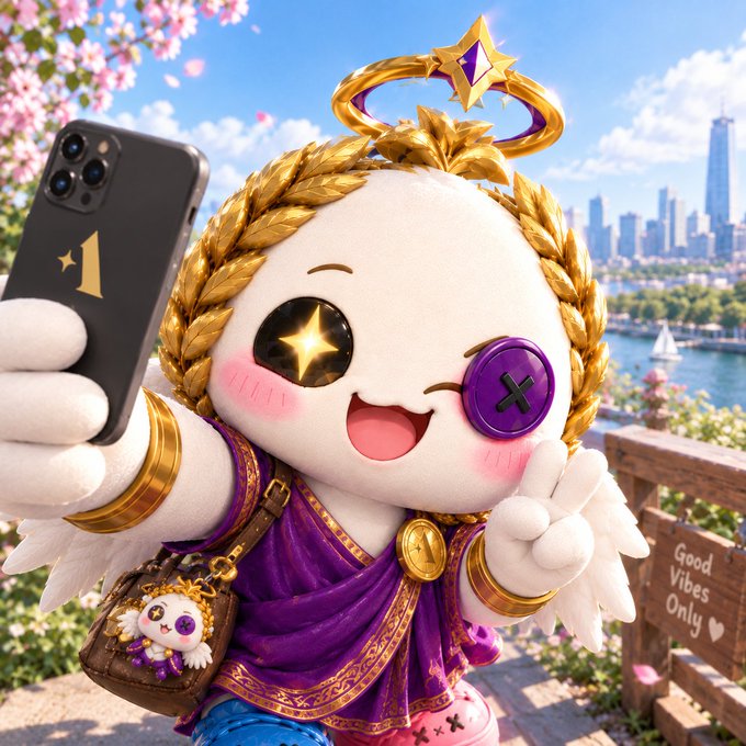 A 3D-rendered cute mascot character in purple and gold attire taking a selfie with a smartphone, set against a city skyline backdrop.
