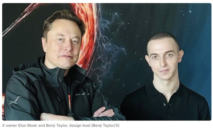 A news image showing Elon Musk and Benji Taylor, with the caption 'X owner Elon Musk and Benji Taylor, design lead (Benji Taylor/X),' set against a dramatic space-themed background.