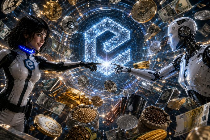 A futuristic digital artwork shows a human woman and a robot reaching toward each other, with a glowing Cardano logo in the background surrounded by floating coins, currency, and commodities.