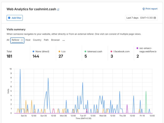 A web analytics dashboard for 'cashmint.cash' showing a 7-day visits summary with a total of 181 visits, broken down by referrer including 144 direct, 27 t.co, 5 tokenaut.cash, 3 facebook.com, and 2 ssc-amacc-naga.webflow.io, displayed over a time-series line graph.