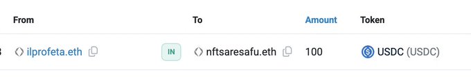 A blockchain transaction showing a transfer of 100 USDC (USDC) from ilprofeta.eth to nftsaresafu.eth.