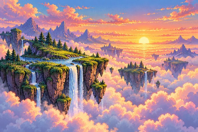 A fantastical digital illustration of floating islands with waterfalls, evergreen trees, and a river, set against a vibrant sunset sky filled with pink and orange clouds.