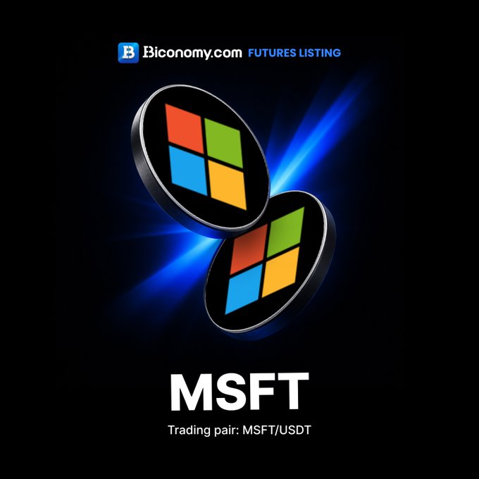 Biconomy.com futures listing graphic showing Microsoft (MSFT) 3D logos with 'Trading pair: MSFT/USDT' text on a dark background.