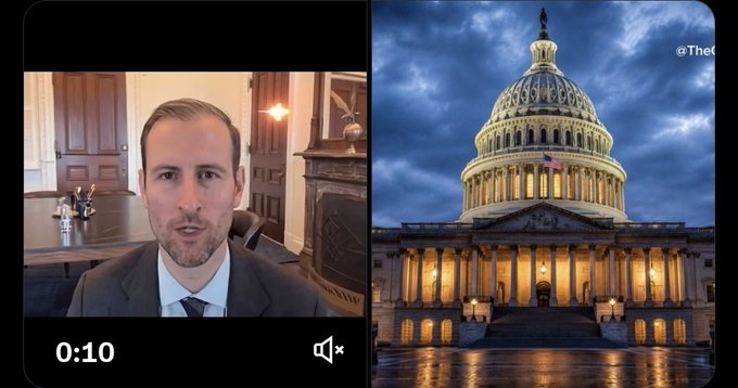 A split-screen video at 0:10 shows a young man in a suit speaking on the left, with the U.S. Capitol building illuminated at night on the right.