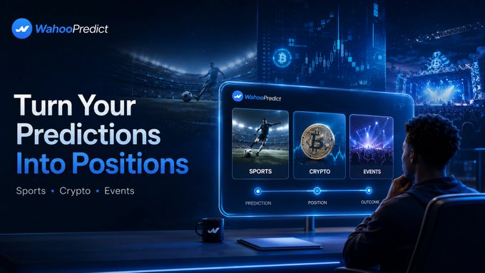 A promotional banner for 'WahooPredict' reads 'Turn Your Predictions Into Positions' with categories for Sports, Crypto, and Events, showing a person watching a screen with sports, Bitcoin, and event options.