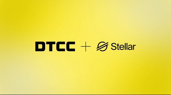 The image features a large, bold, black and white logo that reads "DTC + STELLAR". This logo is set against a bright yellow background with a blurred out image of a yellow brick road. The text "XLM Follow the yellow brick road" is also present in the image.