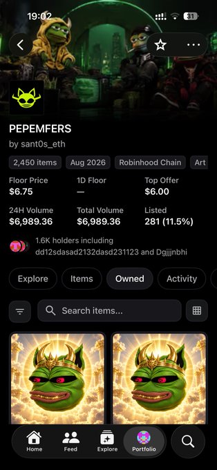 A mobile app screenshot showing an NFT collection named 'PEPEMFERS' by sant0s_eth on the Robinhood Chain, displaying a floor price of $6.75, with two visible items featuring a green Pepe-like character.