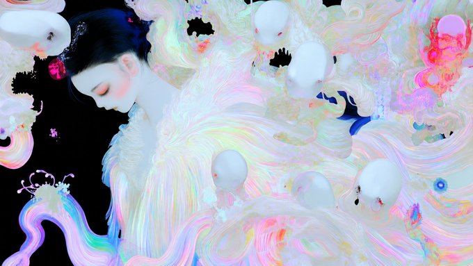 A digital artwork depicting a pale, downcast woman in traditional attire surrounded by flowing, iridescent pastel hair and floating white skull-like faces with small red eyes against a black background.