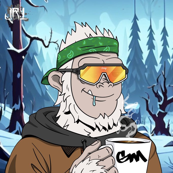 A cartoon NFT artwork of a yeti/ape character wearing a green bandana and sunglasses, holding a coffee mug, set in a winter landscape.
