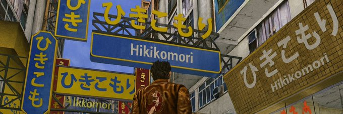 A scene showing a person from behind looking up at multiple yellow and blue signs displaying "Hikikomori" in both Japanese (ひきこもり) and English text, evoking the Japanese term for social withdrawal.