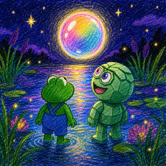 A vibrant crayon-style illustration depicts a green frog in overalls and a green turtle-like character standing in shallow water, gazing at a large, multicolored moon under a starry night sky, surrounded by lilies and reeds—evoking the whimsical "5,000 little worlds" of the PFPePe project. The dreamy, fantastical scene visually captures the magical and surreal aesthetic of the free mint experience now live for holders.