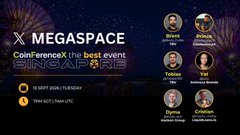 A promotional graphic for 'X MEGASPACE' advertises a 'Coinferencex' event in Bangkok on October 5, 2025, featuring circular profile photos of speakers including Boaz, Amanda, Yohan, Tessie, Kap, Dyna, and Cristian.