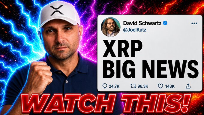 A YouTube thumbnail featuring a man in a white cap with an XRP logo, set against a dramatic lightning background, alongside a screenshot of David Schwartz's (@JoelKatz) tweet declaring "XRP BIG NEWS" with 96.3K reposts and 143K likes. The bold "WATCH THIS!" banner at the bottom promotes video analysis arguing that XRP's recent 6.2% dip was merely a leverage flush—not institutional selling—despite ETF inflows remaining positive for nine consecutive sessions.