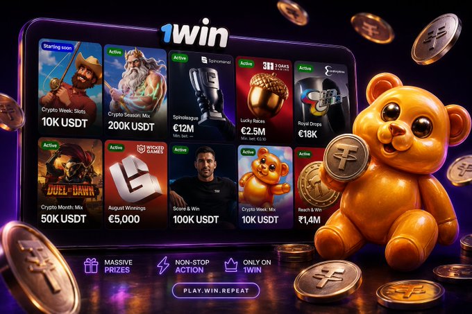 A promotional graphic for '1win' featuring a golden teddy bear holding a coin, surrounded by falling gold coins and a display screen showing various games and prize amounts like '10K USDT', '200K USDT', and '€12M', with text 'MASSIVE PRIZES', 'NON-STOP ACTION', and 'PLAY.WIN.REPEAT'.