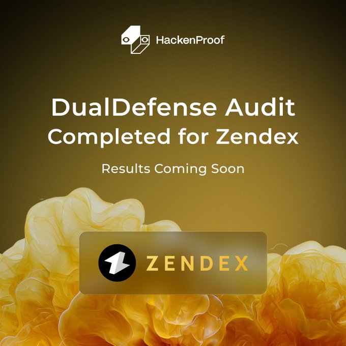 HackenProof promotional graphic announcing that a DualDefense Audit has been completed for ZENDEX, with 'Results Coming Soon' displayed over a yellow smoke background.