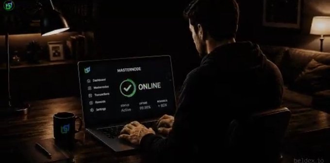 A dimly lit scene showing a person from behind using a laptop displaying a dashboard titled 'MASTERNODE' with an 'ONLINE' status, with a watermark 'beldex.io'.