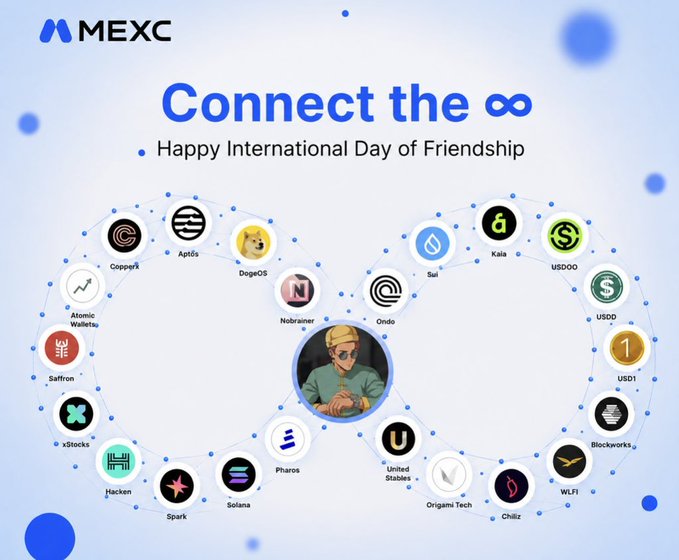 A MEXC exchange promotional graphic titled 'Connect the ∞' celebrating International Day of Friendship, displaying various cryptocurrency logos arranged in an infinity symbol around a central character.