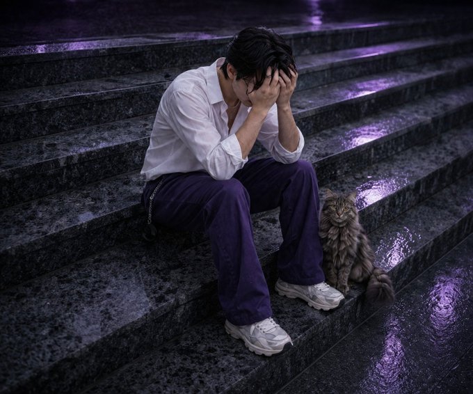 A young man in a white shirt and purple pants sits on dark wet stone steps with his head buried in his hands, accompanied by a fluffy brown cat beside him.