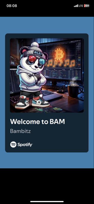 A Spotify mobile app screen showing a playlist titled 'Welcome to BAM' by Bambitz, featuring an NFT-style illustration of a panda wearing a beanie with 'RILEY' on it, standing in front of Bitcoin and music-themed screens.