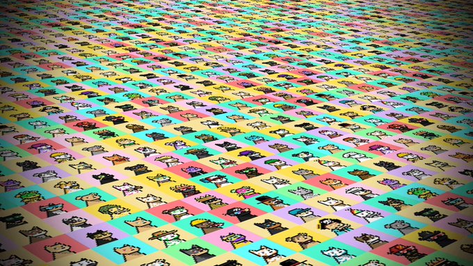 A colorful checkerboard pattern made up of small pixelated character sprites in varying pastel colors.