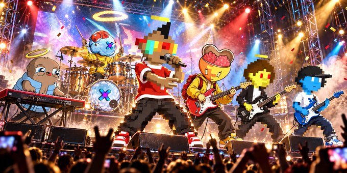 A vibrant digital illustration of an animated band performing on stage, featuring a pixelated lead singer with a microphone, pixelated guitarists, and anime-style drummer characters, with an enthusiastic crowd and confetti in the foreground.
