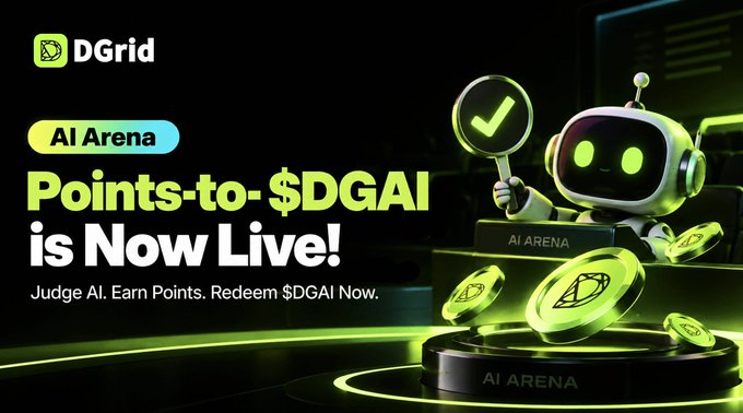 A green-themed promotional image for DGrid's "AI Arena" featuring a robot mascot holding a checkmark sign surrounded by floating coins, with text announcing "Points-to-$DGAI is Now Live! Judge AI. Earn Points. Redeem $DGAI Now." This visual supports the accompanying post about DGrid AI Arena's blind evaluation approach, where users judge AI models based on output quality rather than reputation, earning points redeemable for $DGAI rewards.