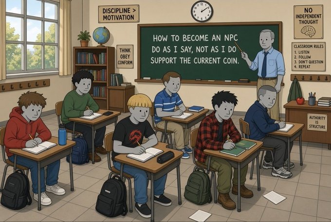 A satirical cartoon depicting a classroom scene where students take notes while the teacher writes ironic rules on the chalkboard, including 'HOW TO BECOME AN NPC: DO AS I SAY, NOT AS I DO, SUPPORT THE CURRENT COIN' and posters stating 'DISCIPLINE > MOTIVATION' and 'NO INDEPENDENT THOUGHT'.