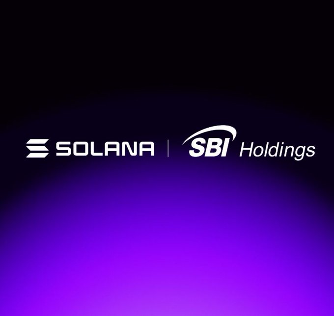 A partnership announcement graphic featuring the white logos of 'SOLANA' and 'SBI Holdings' against a dark purple and black gradient background.