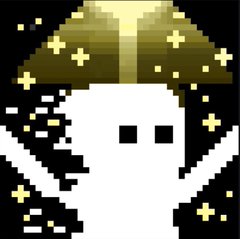 A pixel art illustration of a small white ghost-like figure with black eyes, set against a dark background filled with yellow stars and a large golden moon.