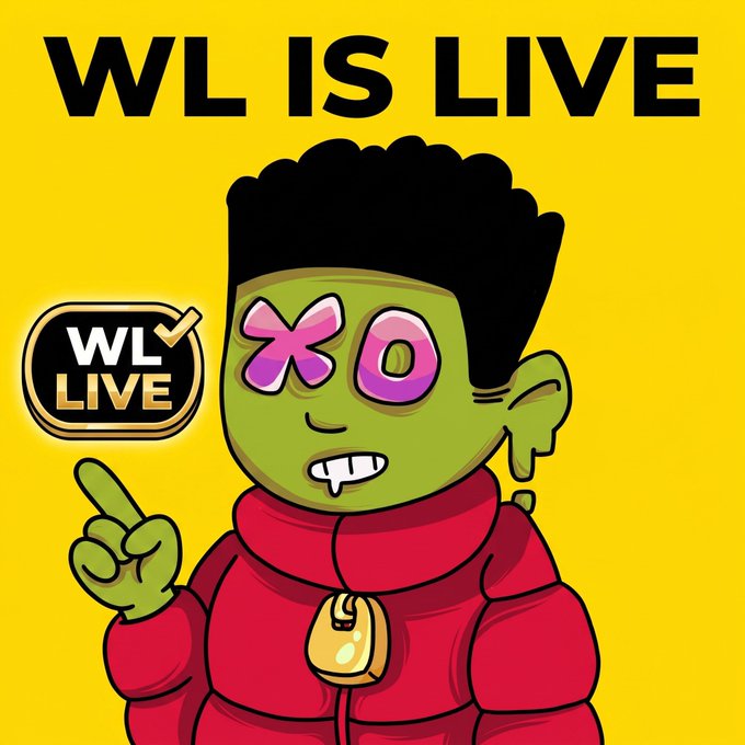 A cartoon character with green skin, XO eyes, and a red puffer jacket points to a "WL LIVE" badge, promoting the open whitelist applications for "Bonnies" NFT collection with a call to apply at apply.booniebunch.xyz.