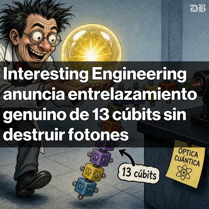 Cartoon illustration of a scientist excitedly holding a glowing crystal ball, with text overlay in Spanish: 'Interesting Engineering anuncia entrelazamiento genuino de 13 cúbits sin destruir fotones' (labels show '13 cúbits' and 'ÓPTICA CUÁNTICA').