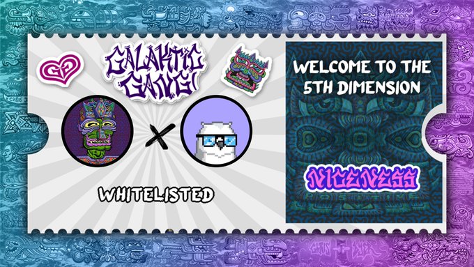 The image is a stylized "Giveaway" graphic featuring purple and teal Mayan/Aztec-inspired artwork with two pixel avatars (a colorful tiki mask and a yeti with sunglasses) marked "WHITELISTED," along with the text "WELCOME TO THE 5TH DIMENSION" and "GALAKTIC GANG." It promotes a Galaktic Gang NFT giveaway for 25 guaranteed spots, tying the mystical tribal aesthetic to the project's mint details.