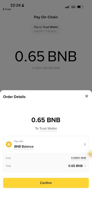 A mobile screenshot shows a Trust Wallet "Pay On-Chain" confirmation for 0.65 BNB being sent to Trust Wallet (address 0x8929****45AE23), with a network fee of 0.00001 BNB and a yellow "Confirm" button. The image illustrates a small on-chain BNB transaction, which fits the context of a potential crypto giveaway or airdrop to top traders on Trust Wallet, as BNB is the native token of the Binance ecosystem.