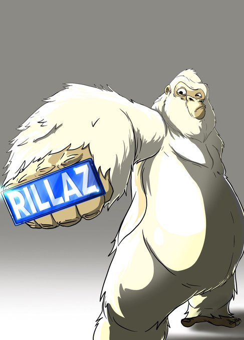 A digital illustration of a white gorilla holding out a glowing blue sign that reads 'RILLAZ' against a gray background.