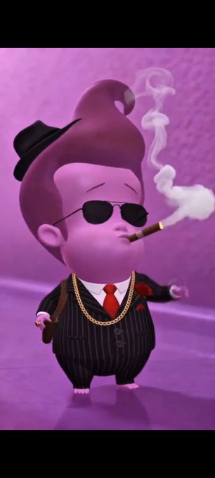 A 3D-rendered cartoon character wearing a pinstripe suit, sunglasses, and a gold chain smokes a cigar.