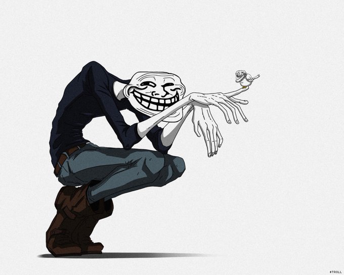 A digital illustration of a stylized trollface character crouching with an exaggerated grin, holding a small bird on its outstretched fingers, with the watermark '@TROLL' in the corner.