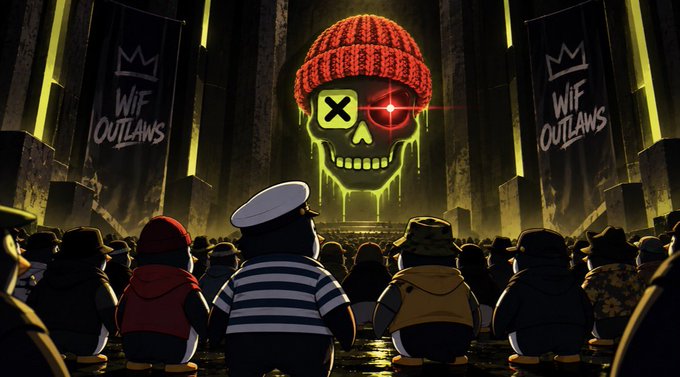 A digital illustration depicting a crowd of penguin-like characters facing a glowing neon skull with a beanie and an X over one eye, flanked by banners reading "WIF OUTLAWS" beneath a crown logo.