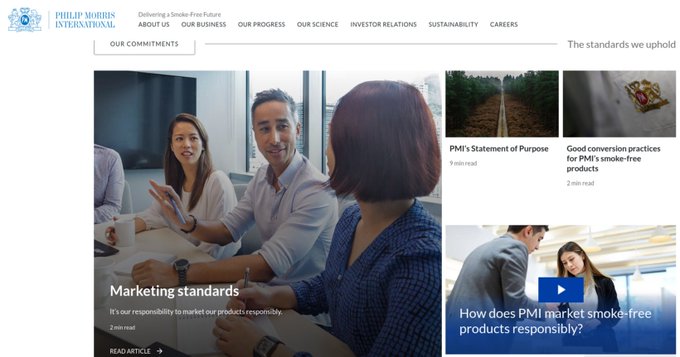 This image shows the Philip Morris International website's "Our Commitments" page highlighting marketing standards for responsible product marketing, featuring sections on PMI's Statement of Purpose, good conversion practices for smoke-free products, and how PMI markets smoke-free products responsibly.

The image does not relate to the post about Ethereum ($ETH) and its price movement toward $3300. There is no connection between the corporate tobacco company's marketing standards page and cryptocurrency trading content.