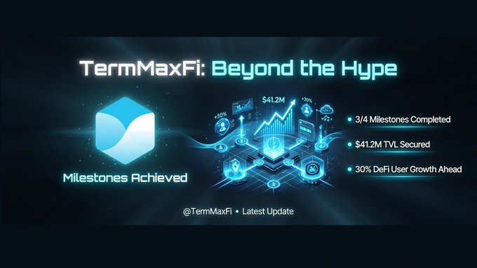 The image shows a close-up view of a digital billboard featuring a blue cube with an overlay of data and icons related to cryptocurrency and financial markets, such as a graph or chart indicating milestones achieved by TermMaxFi. The accompanying text emphasizes the recent transformation of the DeFi landscape since @TermMaxFi started its journey, capturing the attention of the crypto community and beyond. However, it also highlights that there is more to this story than what meets the eye, suggesting a more nuanced reality beneath the surface of hype surrounding TermMaxFi.