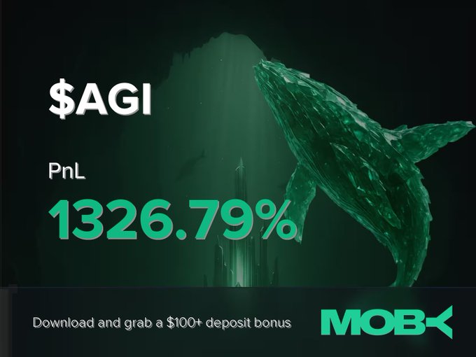An underwater-themed promotional graphic for Moby featuring a whale silhouette, displaying "$AGI" with a PnL of "1326.79%" and a call-to-action offering a "$100+ deposit bonus," visually reinforcing the post's announcement of a trader closing a highly profitable position on the AGI token.