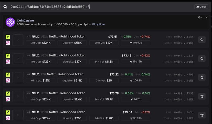 A screenshot of a cryptocurrency DEX search interface displaying "0xe0444ef8bf4ed74f74fd736886e2ddf4c1c5591e8" in the search bar, showing multiple NFLX/USDC trading pairs (labeled "Netflix × Robinhood Token") with prices around $73.51-$73.64, market caps near $121-124K, and 24-hour volumes totaling roughly $26K—matching the post's claim about total 24h DEX volume for the NFLX token on Robinhood's on-chain platform.