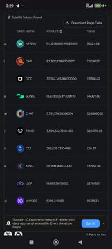 A screenshot of a mobile token trading app showing 'Amount: 1' and 'Download Page Data' at the top, with a list of tokens including QPOW, IXRP, ICO, BNC, OZHT, OCHO, OFZ, wNC, VGP, and IPI/USDC with their contract addresses and prices, along with a 'Support E-Casner to keep V2 blockchain data open and accessible.' message.