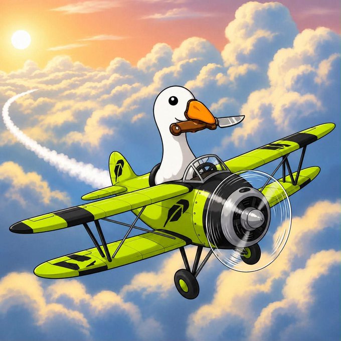 A cartoon goose with a knife in its beak pilots a green biplane through a sunset sky, leaving a smoke trail behind. The image visually embodies the post's "$HONKCOIN" theme of fearless, sky-high momentum, with the goose serving as the mascot taking flight with no brakes or fear.