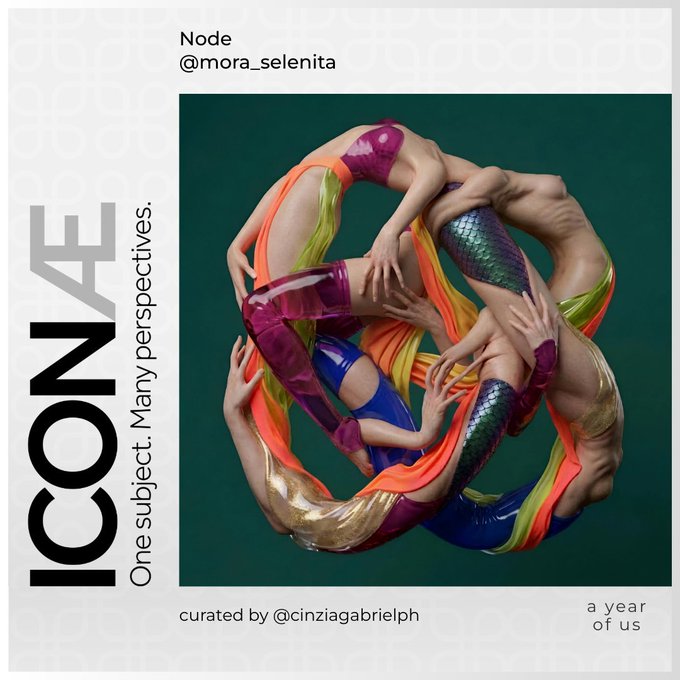 An art exhibition poster titled "ICONÆ" with the tagline "One subject. Many perspectives." featuring a surreal digital artwork by Node (@mora_selenita), curated by @cinziagabrielph, subtitled "a year of us".