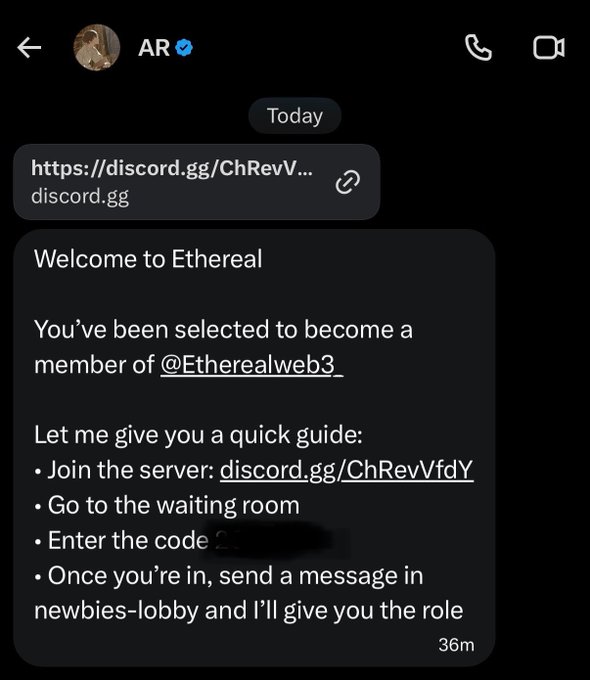 The image shows a text message conversation between two individuals. One person has been invited to join a new server as an "@Etherealweb3_" member, and they are being directed to enter the server's website for further instructions or to give their name and email address in order to access more information about joining the server. The other person has sent this message to the first person, inviting them to become a member of the server. The context provided in the text suggests that the server could potentially be a place for growing or sharing ideas related to Web3 or cryptocurrency.