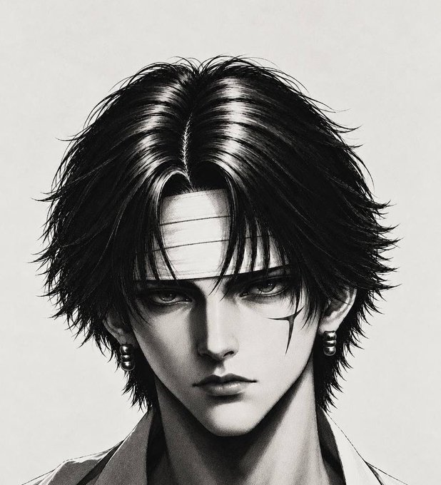 A black-and-white illustrated portrait of an anime-style character with messy dark hair, piercing eyes, and earrings—likely representing the user @victhehustla targeted in the post's engagement-based challenge.