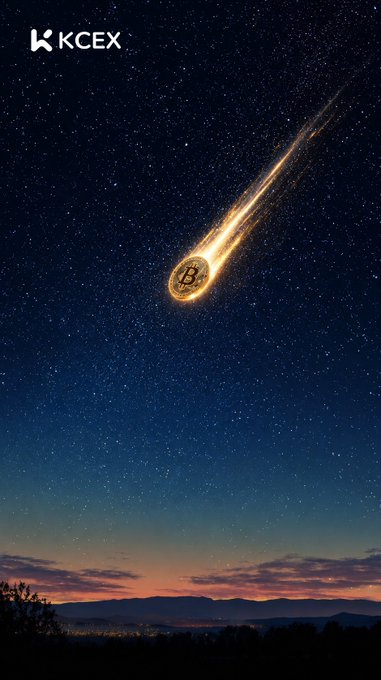 A promotional image for KCEX shows a golden Bitcoin falling like a flaming meteor across a starry night sky over a sunset landscape.
