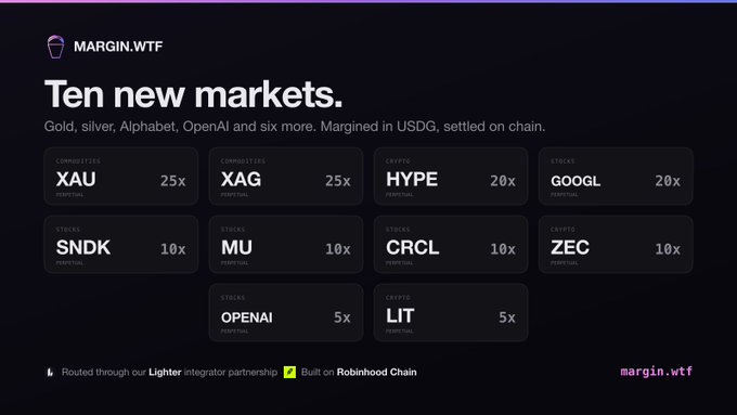 The image is a promotional graphic from MARGIN.WTF announcing ten new perpetual markets, including commodities (XAU, XAG up to 25x), stocks (GOOGL, SNDK, MU, CRCL at 10x; OPENAI, LIT at 5x), and crypto (HYPE at 20x, ZEC at 10x). The tagline "Ten new markets. Gold, silver, Alphabet, OpenAI and six more. Margined in USDG, settled on chain." directly aligns with the accompanying post, highlighting the diverse asset classes and leverage offerings now available through their Lighter integrator partnership on Robinhood Chain.