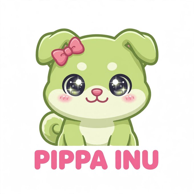 A cute cartoon green puppy with big sparkly eyes, a pink bow, and blushing cheeks sits above the bold pink text "PIPPA INU," serving as the mascot for the newly launched $PIPPA token on Robinhood Chain, as referenced in the accompanying post announcing its 0% tax, locked liquidity, 1B fixed supply launch.