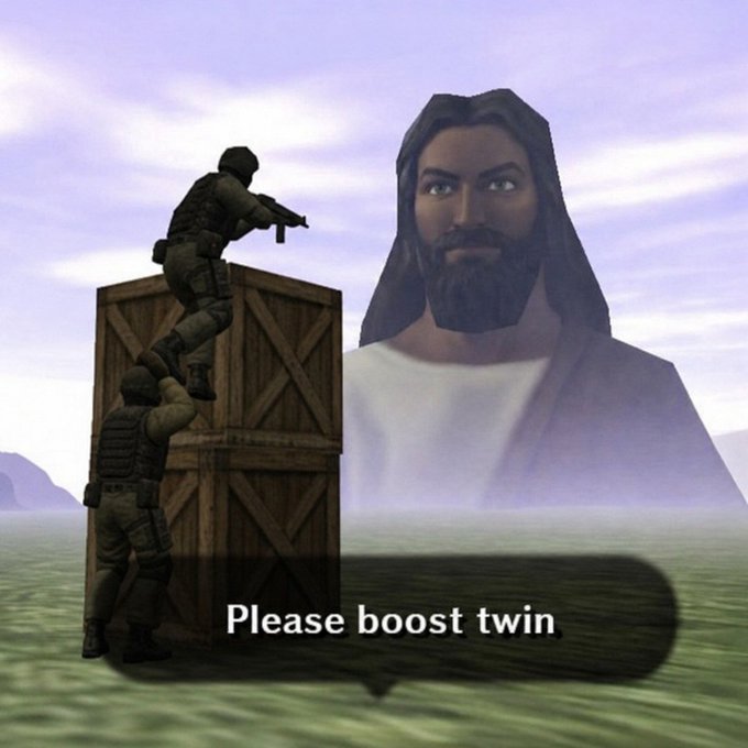 A video game-style meme featuring a giant Jesus watching two soldiers climb a crate with weapons, with a speech bubble reading "Please boost twin."